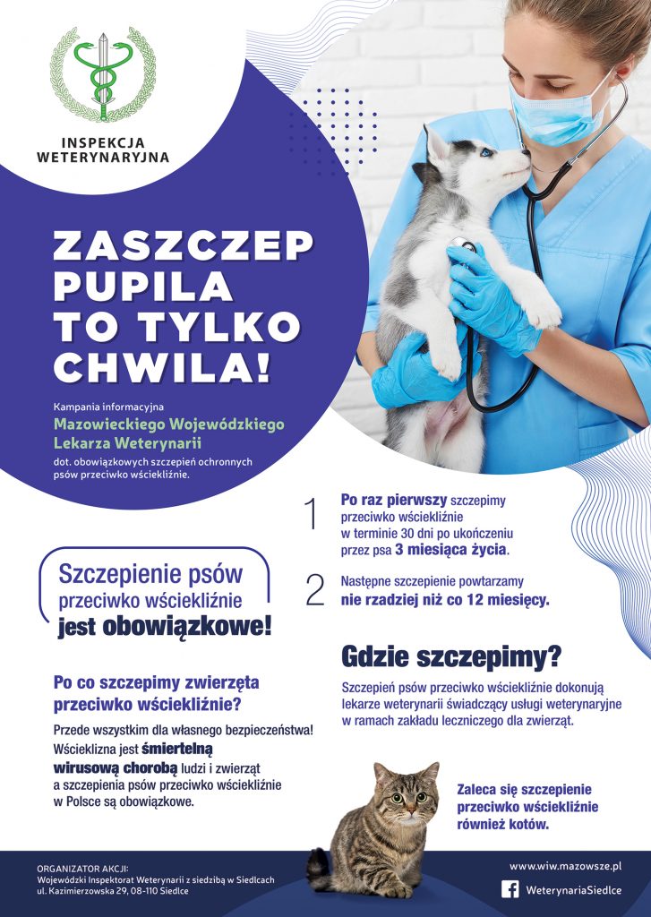 Plakat informacyjny o obowiązku szczepienia psów przeciwko wściekliźnie.